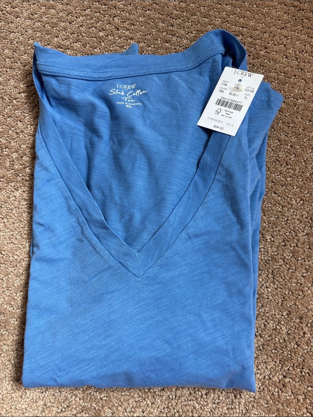J. Crew Blue V-Neck Slub Cotton Tee